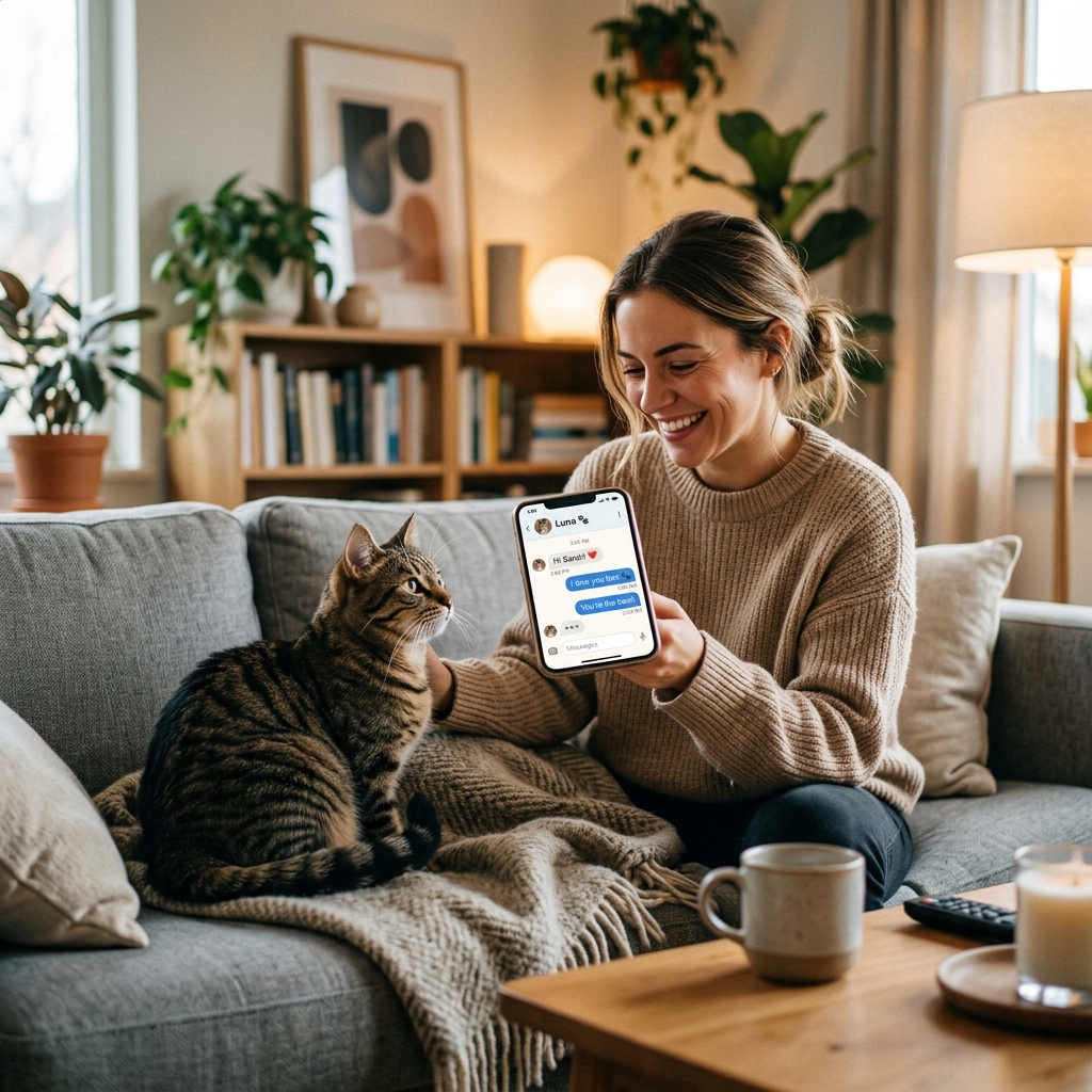 Cat owner using PettiChat app with their cat