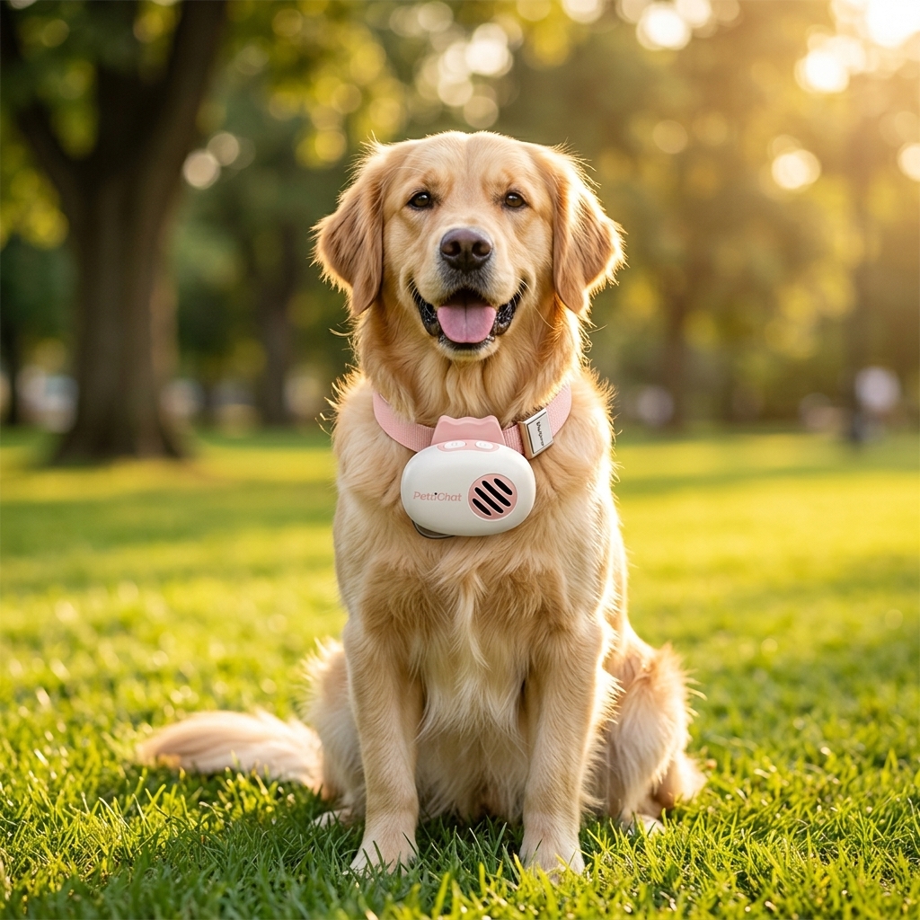 Golden retriever wearing PettiChat collar in a park